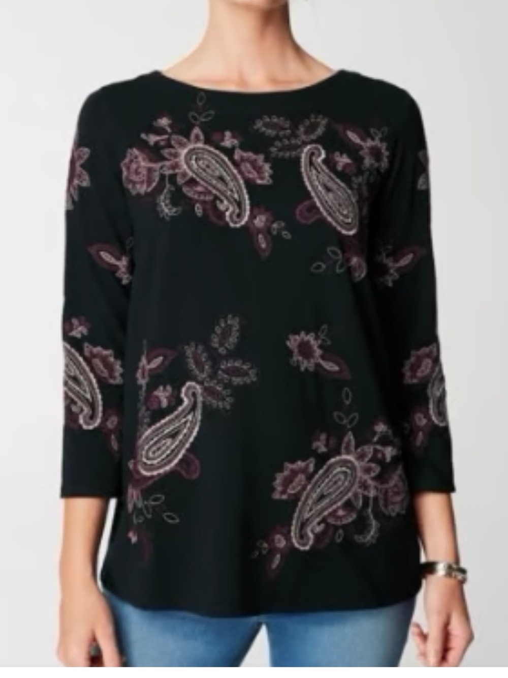 J Jill Cotton Tencel Embroidered Paisley Top Black 3/4 Sleeve Women’s XL